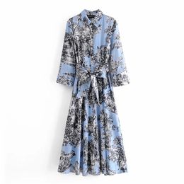 Women Chic Fashion With Belt Print Midi Shirt Dress Vintage Long Sleeve Button-up Female Dresses Vestidos Mujer 210531