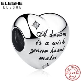 ELESHE 100% 925 Sterling Silver Crystal Bead Cinderella Dream Heart Charm Fit Original Charm Bracelet Silver 925 DIY Jewellery Q0531