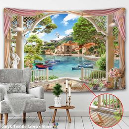 3D Island Landscape Tapestry Arch Window Landscape Painting Wall Tapestry Nordic Style Home Decoration Painting Wall Hanging 210609