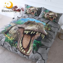 BlessLiving Dinosaur Bedding Set 3D Scary Animal Bedspreads for Teen Boys Cracked Bricks Bed Set Tyrannosaurus Teeth Duvet Cover 210309