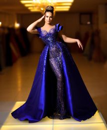 Arabic Aso Ebi Royal Blue Luxurious Evening Beaded Crystals Prom Dresses Sheer Neck Formal Party Second Reception Gowns Zj062