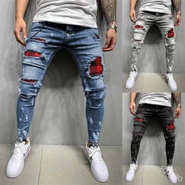 Men's Quilted Embroidered Jeans Skinny Ripped Grid Casual Slim Stretch Denim Pants Patchwork Jogging Trousers S-3XL 211108