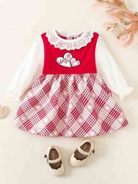 Baby Letter And Heart Embroidery Plaid Eyelet Embroidery Trim Dress SHE