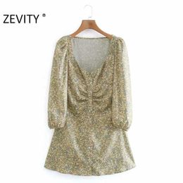 Zevity Women Sweet Square Collar Pleat Puff Sleeve Casual Slim Print Mini Shirt Dress Female Chic Breasted A Line Vestido DS4619 210603
