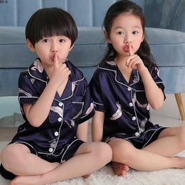 Summer Children Short Pyjamas Sets Cute Silk Sleepwear Girls Short Kids Pijamas Boy Short Top and Pant Print Kids Pyjamas 210908