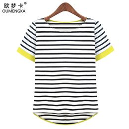 OUMENGKA Women Tops O-Neck T-Shirt Short Sleeve Striped T Shirts Tees Blusas Femininas M- XXXXL Plus Size 210623