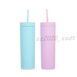 Skinny Double Decker Plastic Frosted 16OZ Large Straight Body Custom Sippy Cup Double Decker Water Cup