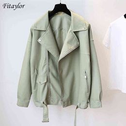 Fitaylor Spring Women Loose Pu Faux Leather Jacket with Belt Streetwear Moto Biker Black Coat BF Style Oversized Outwear 211118