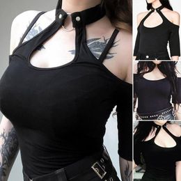 Women's T-Shirt 2021 Female Sense Slim Tight Neck Hanging V Short Sleeve Bottoming Shirt Black Halter Women Cold Shoulder