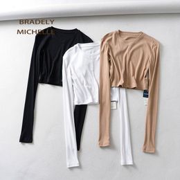 BRADELY MICHELLE Women Summer Soft Sexy Slim Knitted Cotton Crop Tops Super Long-sleeve Basic O-neck t-shirt female 210302