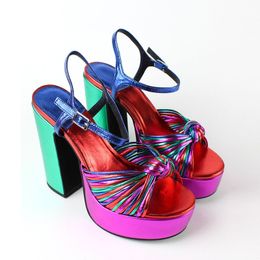2022 new style lady suede Ladies leather chunky high heel sandals solid Cross-tied platform peep-toe wedding party shoes colourful size 34-44 Braiding weave buckle