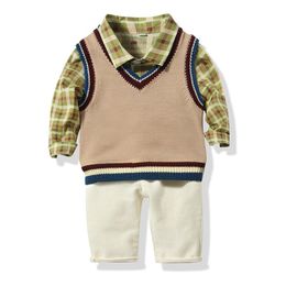 Clothing Sets Kimocat Baby Boy Casual Clothes, Plaid Long-Sleeved Shirt + Vest White Trousers, Spring And Autumn Fashion Suit 0-3 Years