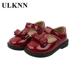 ULKNN Leather Shoes Girls 1 To 6 Years Baby Single Shoes Bowknot Princess Shoes Red Children's Performances Kids Flats Infant 210306