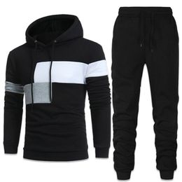 Personality Patchwork Men Tracksuits Hoodies Suits Men Hoodies+Pants Two Piece Set Autumn Winter Warm Hooded Pullover Suits 211123