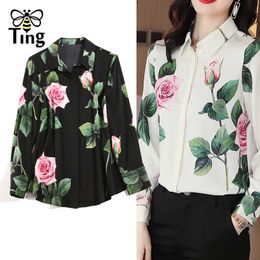 Tingfly Designer Rose Flower Floral Turn Down Collar Button Up Blouses Elegant Women Office Work Blouse Blusas Femme Shirts Plus 210225