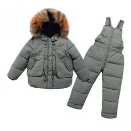 Children's Down Jacket Set Thickened 2021 Boy Girls Wear New Winter Wool Collar Coat Baby Soft Down Strap Pants One Set Shipping H0909