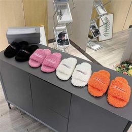 2021 Trendy Wool Slippers Women Solid Colour Embroidery Flip Flop Winter Original Rubber Non-slip Wear-Resistant Bottom Indoor Sheep Leather