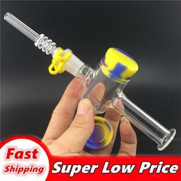 Hot Mini glass Collector Kit 14mm 18mm Dab Straw Oil Rigs Micro NC Set Glass Water Pipe with Quartz Tips Keck Clip Silicone Container