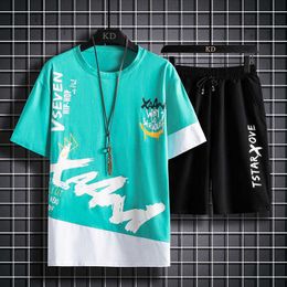 Summer Men's Cotton Sets Casual T-Shirt And Shorts Sports Suit StreetWear Collage Stretch Waist Sportswear Plus 4XL 210714