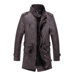 Oumor Men Leather Jacket Winter Long Coat Thick Fleece Men Outwear Warm Casual Motor Vintage PU Faux Leather Jacket Men 4xl 210603