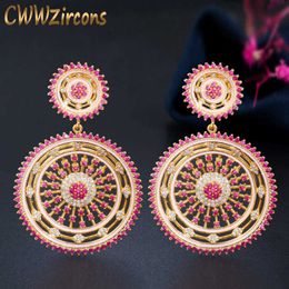 Pink Red Cubic Zircon Dangle Drop Round Big Gold Earrings for Wedding Brides Party Prom Jewellery Accessories CZ688 210714