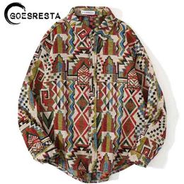 Retro Geometric Pattern Long Sleeve Woollen Shirt Men Streetwear Hip Hop Oversized s Brand Harajuku Casual Fashion 210721