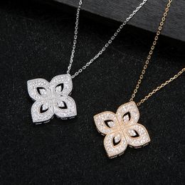 Womens Clover Necklace Iced Out Pendant Link Chain Jewellery Gold and Sier Fashion Cubic Zirconia Rhinestone Four Leaf Flower Gift for Girls