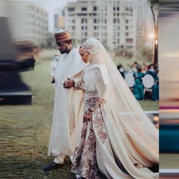Vestidos de casamento sereia muçulmano com lantejoulas rendas apliques mangas compridas aso ebi vestido de festa de noiva plus size vestidos formais femininos