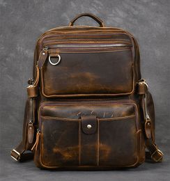 Crazy Horse Leather Men's Backpack Laptop Bag Multi-pocket Schoolbag Men Travel Backpacks Shoulder Bags Cowhide Vintage