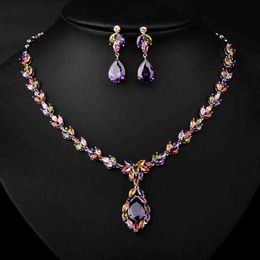 YAN MEI 3 Colors Mona Lisa Marquise & Oval Stone Cubic Zirconia Necklace and Earrings Wedding Jewelry Set GLN0127