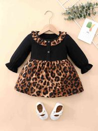 Baby Contrast Leopard Ruffle Trim Flounce Sleeve Dress SHE