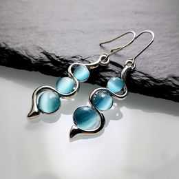 Fashion Beaded Wave Earrings Resin Stone Blue Moonstone Dangle Long Jewellery Charm Silver Colour Twist Hook Eaerring For Women