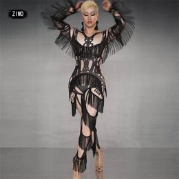 White black Tassel Jumpsuit Women Fake Print Dancer Spandex Leggings Singer Stage Wear Prom Show Outfit Nightclub Costumes rave 211119