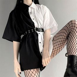SUCHCUTE Patchwork Women Mini Dress With Button Loose Solid Streetwear Gothic Short Sleeve Dresses Modis Women Party Outfits 210304