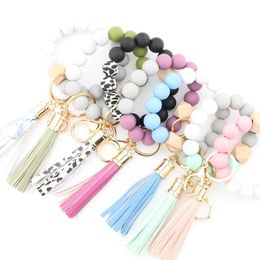 Handmade Roundell Silicon Beads Key Ring Strands Bracelet Wristlet Keychain with Long Leather Tassel for Women Beaded Fashion Bangle Jewellery Accessories