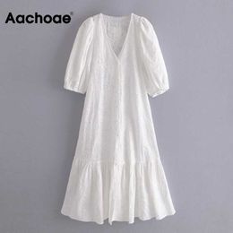 Aachoae Chic Floral Embroidery Midi Dress Women V Neck Puff Sleeve Sweet Dresses Ladies Elegant A Line White Cotton Dress 210608