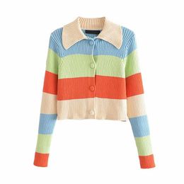 Women's Knits & Tees YENKYE Fashion 2021 Women Multicolor Striped Rib Knit Cardigan Female Single Breasted Cropped Sweater Outerwear Autumn