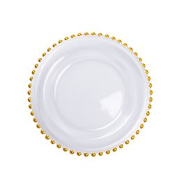 round clear golden glass beaded charger plates for wedding table decoration pearl plate TX0006