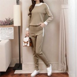 Fashion Knitted Two-Piece Suit Spring Long Sleeve Contrast Color Knitwear Tops And Harem Pants Casual Tracksuit Female 211106