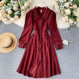 Fashion Women Autumn Winter Long Sleeve Midi Dress Elegant Single Breasted Slim Waist Vintage Ladies Robe Femme 210603