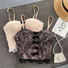 Women Fashion Chest Padded Butterfly Wear Lace Outside Camisole Sexy Sleeveless Sweet Short Bustier Corset Crop Tops R496 210527
