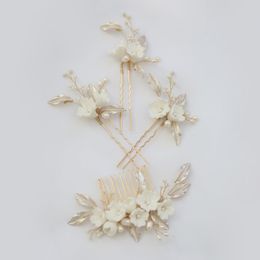 SLBRIDAL Handmade Freshwater Pearls Ceram Flower Bridal Comb Pin Set Wedding Headpieces Women Jewellery Hair Accessories