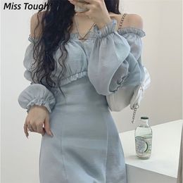 Autumn Solid Elegant Dres Korean Princess High Waist Casual Sweet Dress Female Party Long Sleeve Mini Fairy Dress 220311