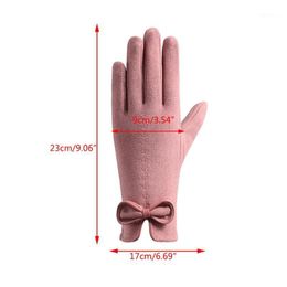 Women Winter Bowknot Touch Screen Gloves Driving Thick Plush Lined Warm Mittens X5XA