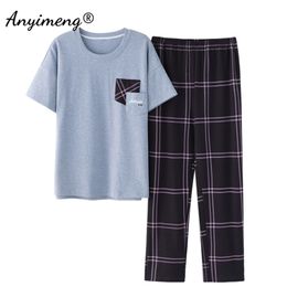 Plus Size Pyjamas 3xl 4xl Sleepwear Short Sleeved Long Pants Cotton Homewear Leisure Pyjamas Plaid Pants Men Summer Nightwear 210901