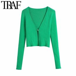TRAF Women Fashion Single Button Ribbed Knit Cardigan Sweater Vintage V Neck Long Sleeve Female Outerwear Chic Tops 210914
