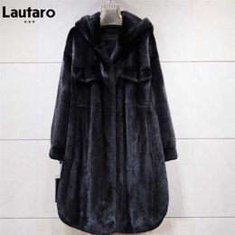 Lautaro Winter Long Black Thick Warm Faux Mink Fur Coat Women with Hood Long Sleeve Korean Fashion Fluffy Jacket One Size 211018