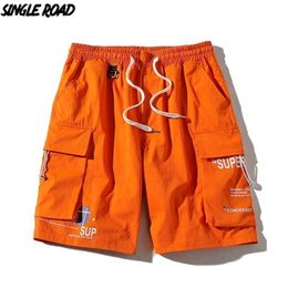 Single Road Mens Cargo Shorts Summer Orange Side Pockets Hip Hop Japanese Streetwear Harajuku Male Pants For 210713