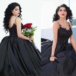 Black Ball Gown Gothic Wedding Dresses Spaghetti Straps Satin Custom Made Lace Applique Floor Length Wedding Bride Gown vestido de novia