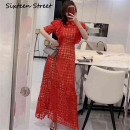 Summer Red Solid Lace Dress Woman Short Sleeve Patchwork Ruffle Turn-down Collar Long Party Female Casual Bodycon 210603